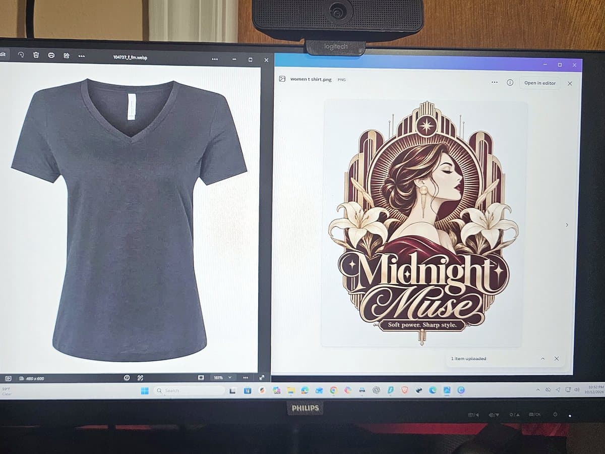 Our Midnight Muse design open on screen next to the women’s tee it will be pressed on