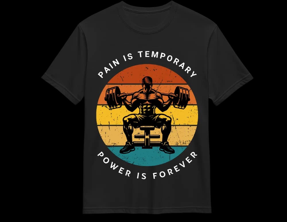 Black Pain Is Temporary gym tee — vintage sunset and barbell silhouette