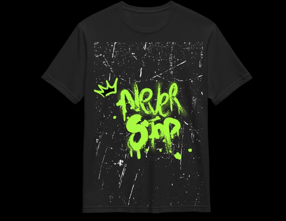 Black Never Stop graffiti t-shirt — 4 AM neon green hustle graphic, NJ DTF
