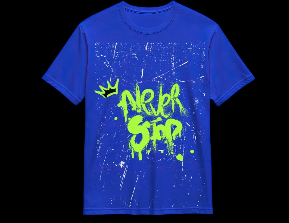 Blue Never Stop neon tee — splatter graffiti hustle print