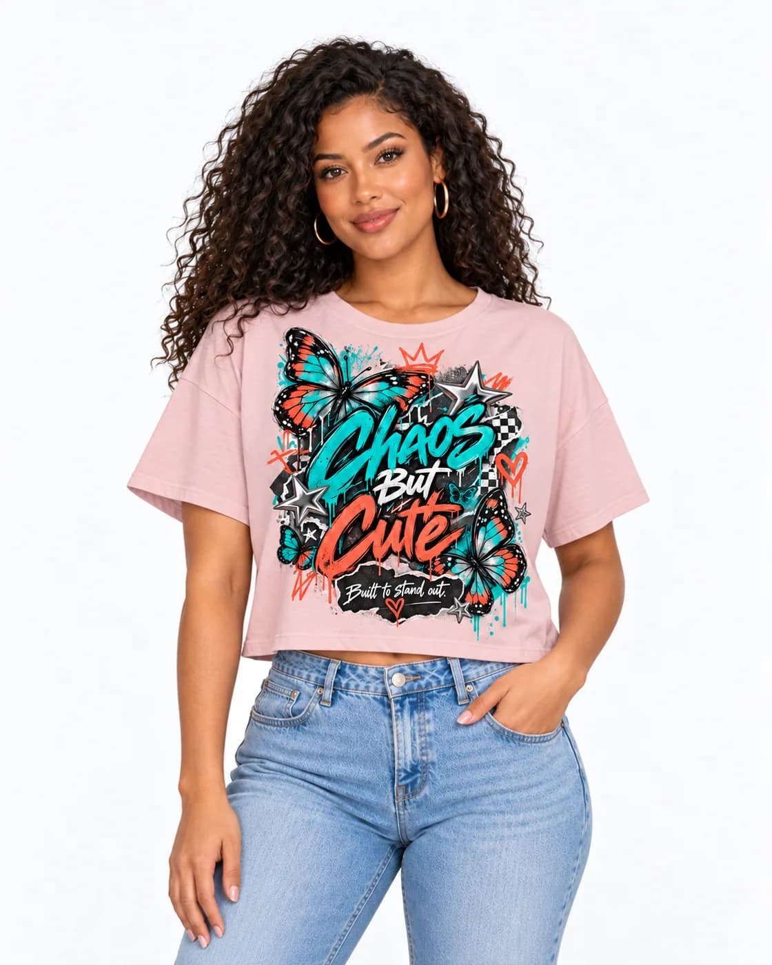 Chaos But Cute crop tee in Blush with teal and coral graffiti lettering with paint drips