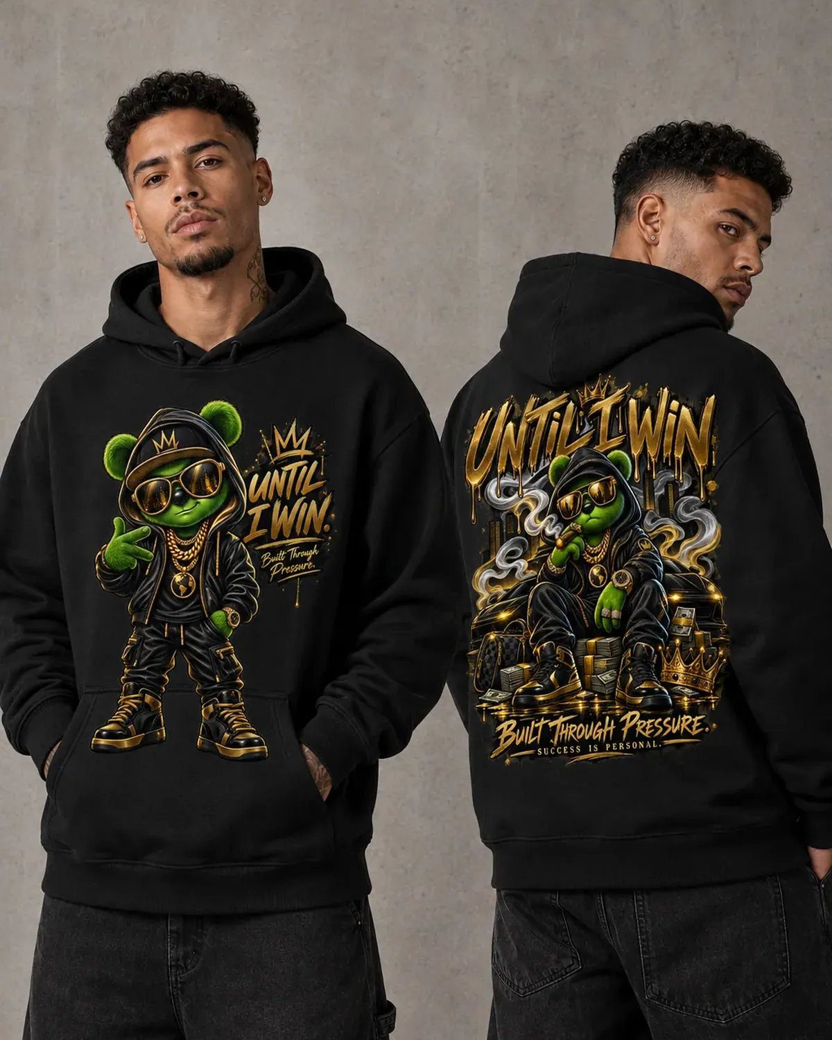 Black Until I Win graphic hoodie — a green cartoon hustler in a bucket hat and gold-rimmed shades, stacke, hand-printed in NJ