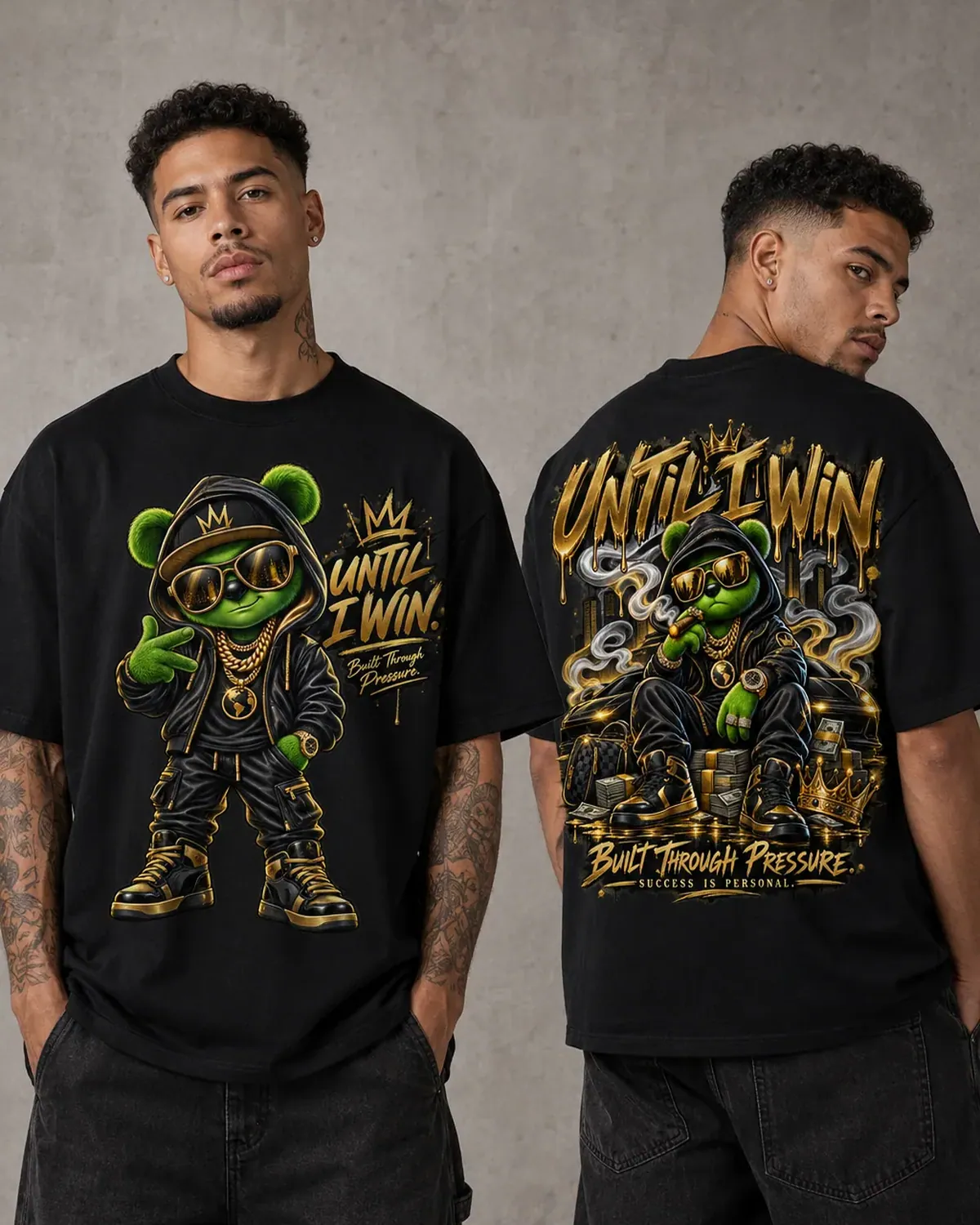 Black Until I Win graphic tee — a green cartoon hustler in a bucket hat and gold-rimmed shades, stacke, hand-printed in NJ