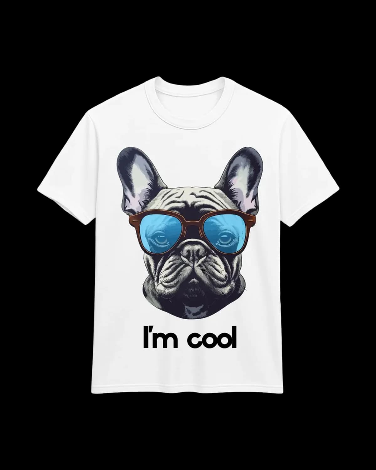 White I'm Cool French bulldog t-shirt — deadpan frenchie sunglasses graphic, NJ DTF