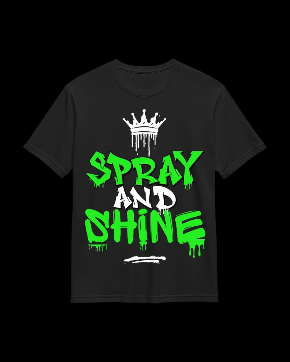 Black Spray And Shine streetwear tee — neon green crown graphic