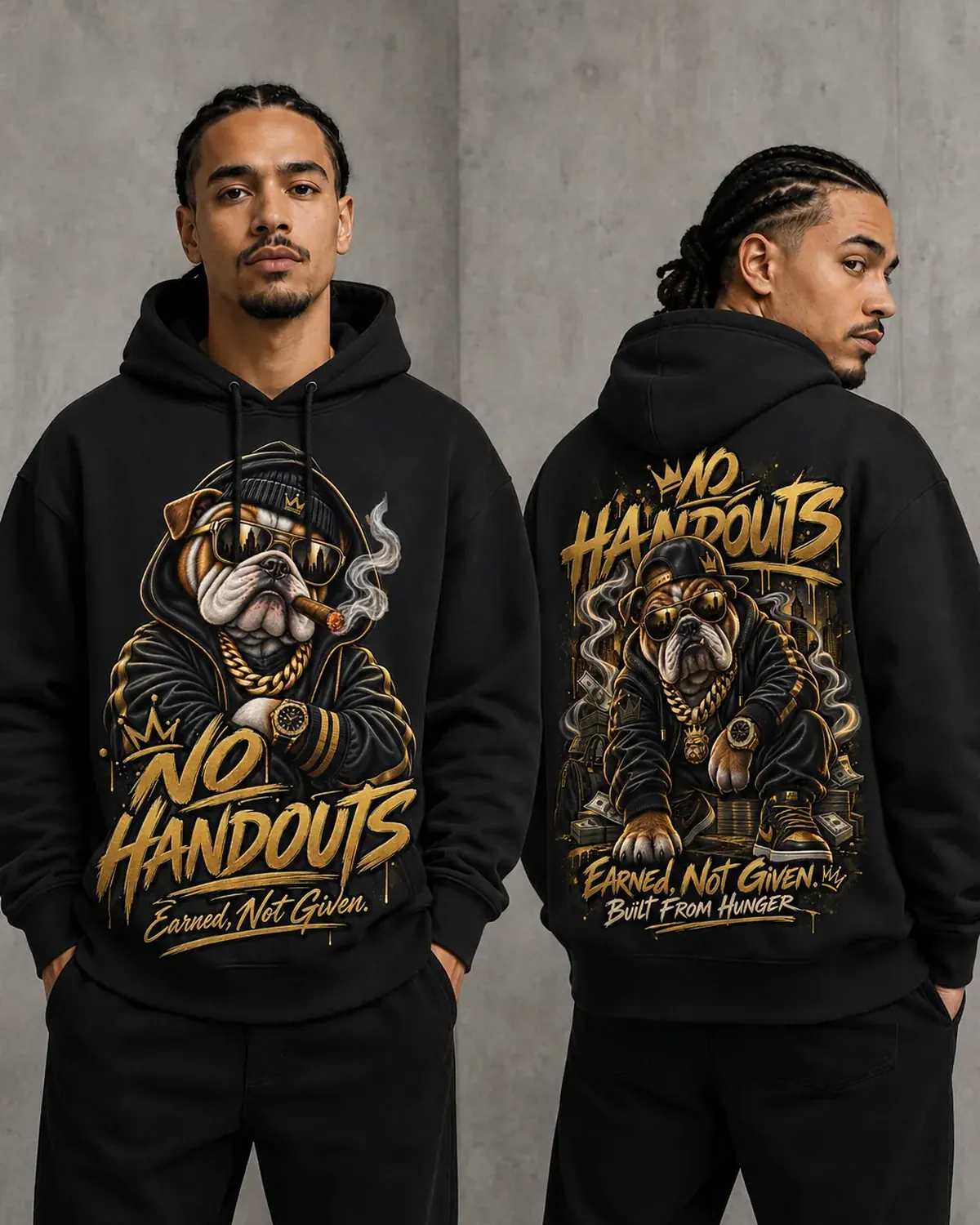 Black No Handouts graphic hoodie — a bulldog in a hood and shades with a cigar going, gold chain, smoke c, hand-printed in NJ