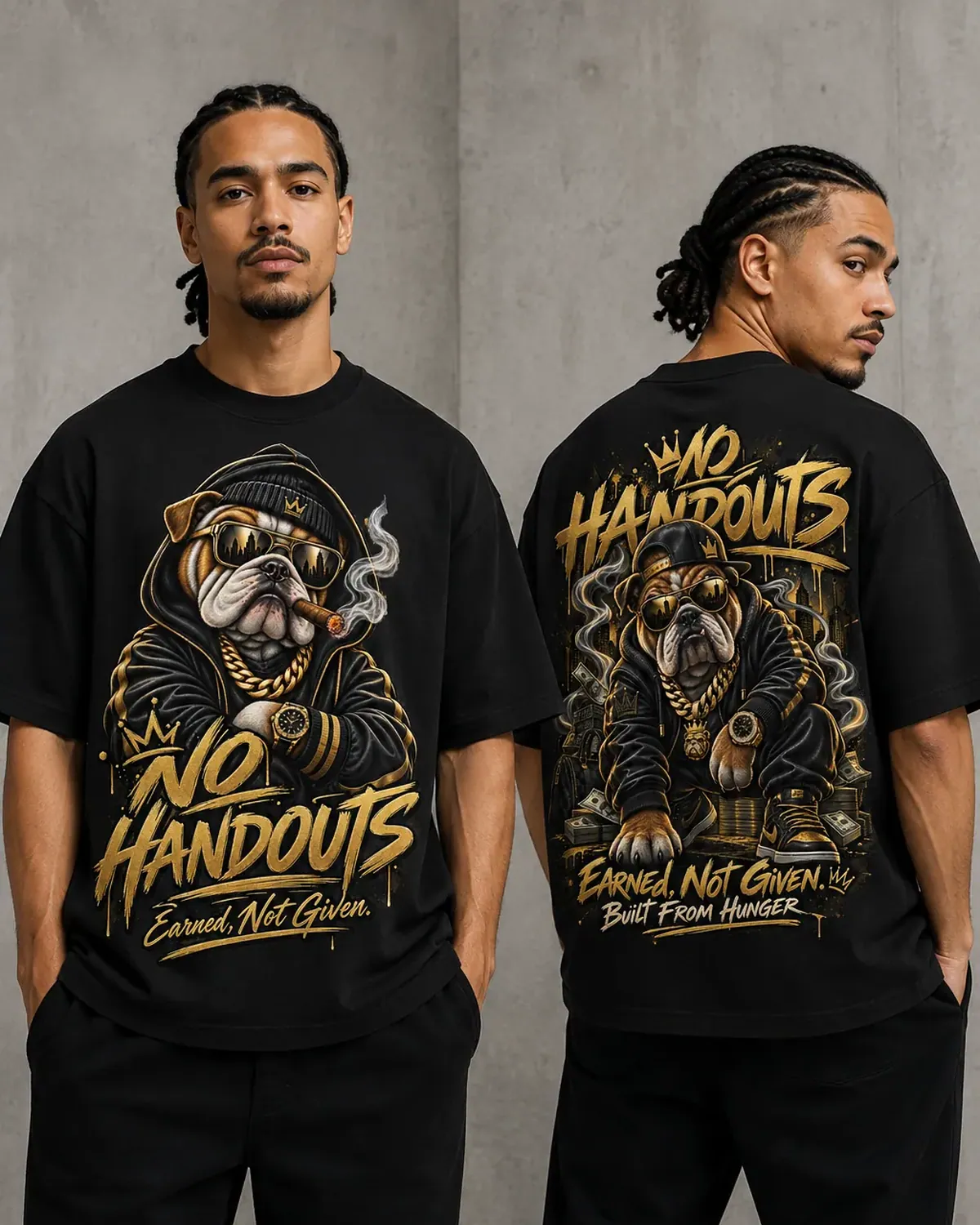 Black No Handouts graphic tee — a bulldog in a hood and shades with a cigar going, gold chain, smoke c, hand-printed in NJ