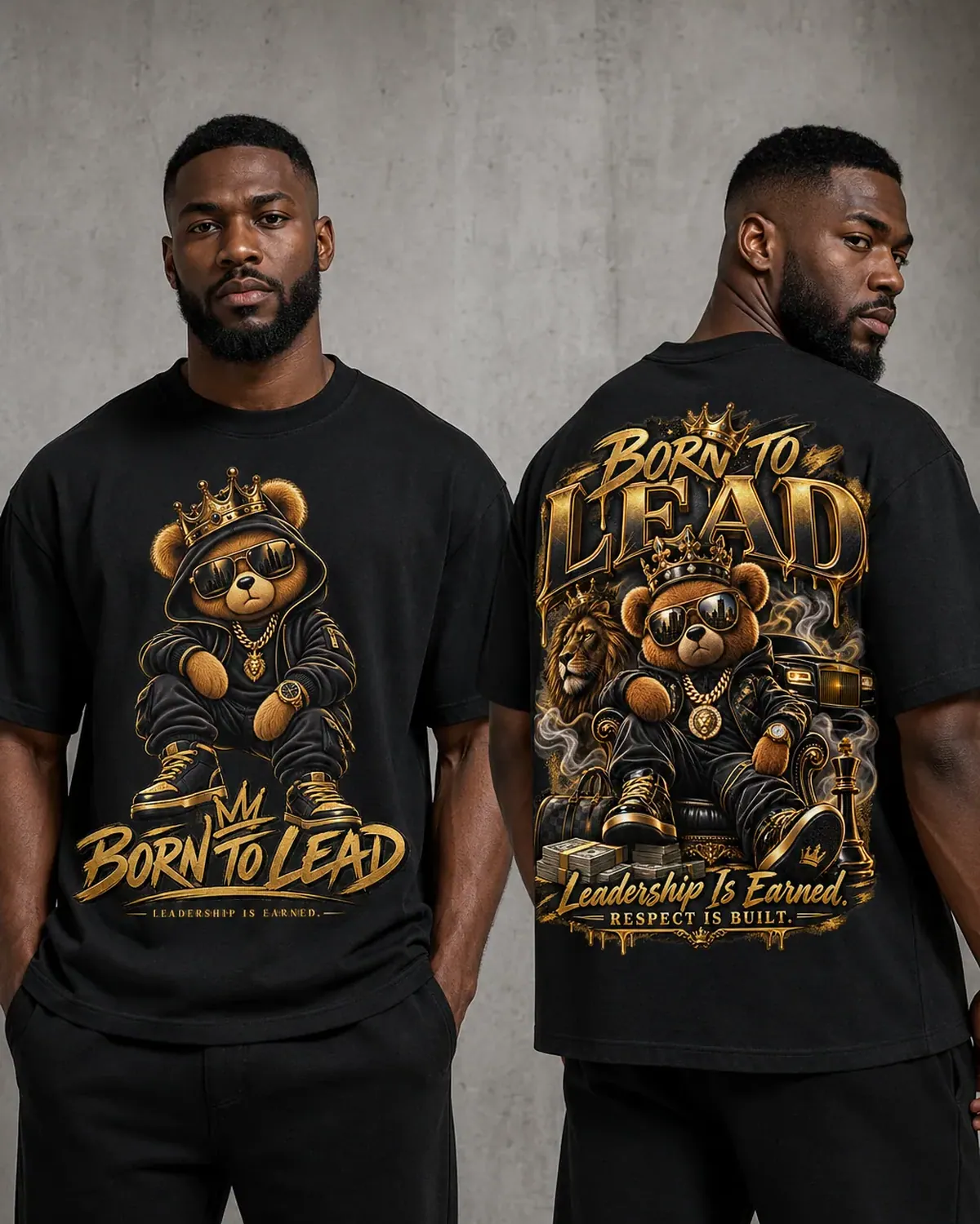 Black Born To Lead graphic tee — a teddy bear in a heavy gold crown and bomber jacket, chain hanging lo, hand-printed in NJ