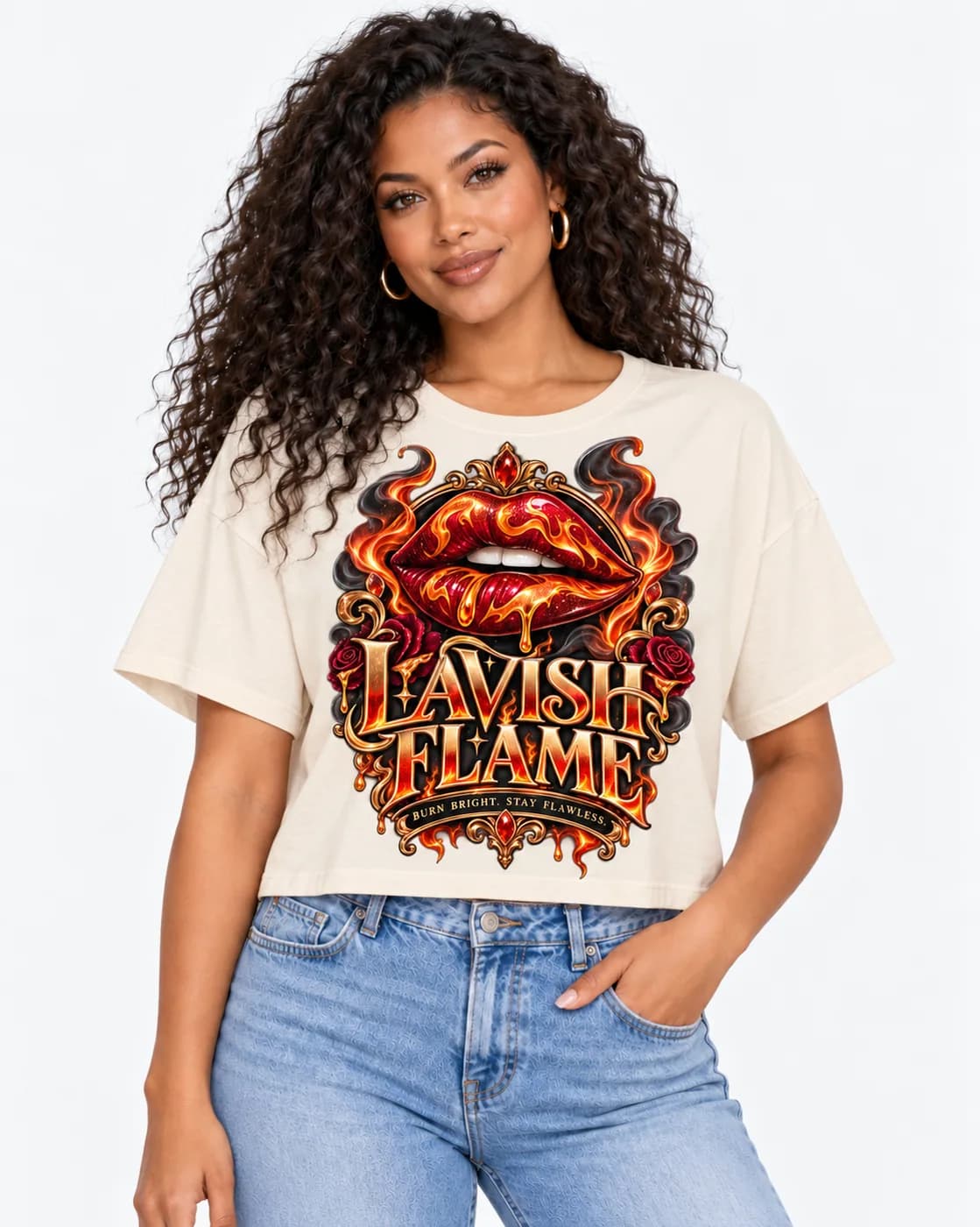 Lavish Flame crop tee in Creme with glossy red lips wrapped in orange flames inside an ornate gold frame