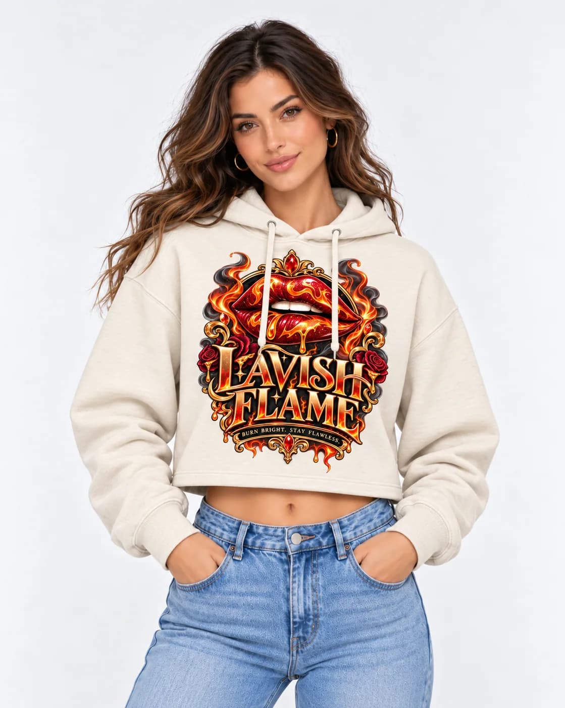 Lavish Flame cropped hoodie in Bone with glossy red lips wrapped in orange flames inside an ornate gold frame