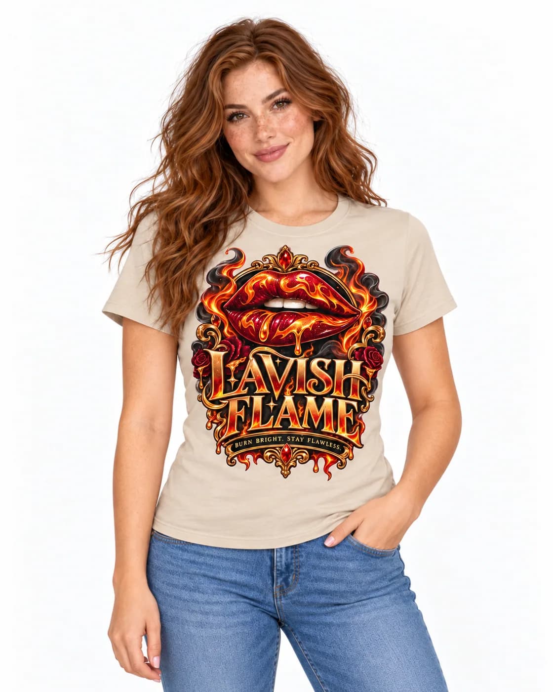 Lavish Flame soft tee in Sand with glossy red lips wrapped in orange flames inside an ornate gold frame