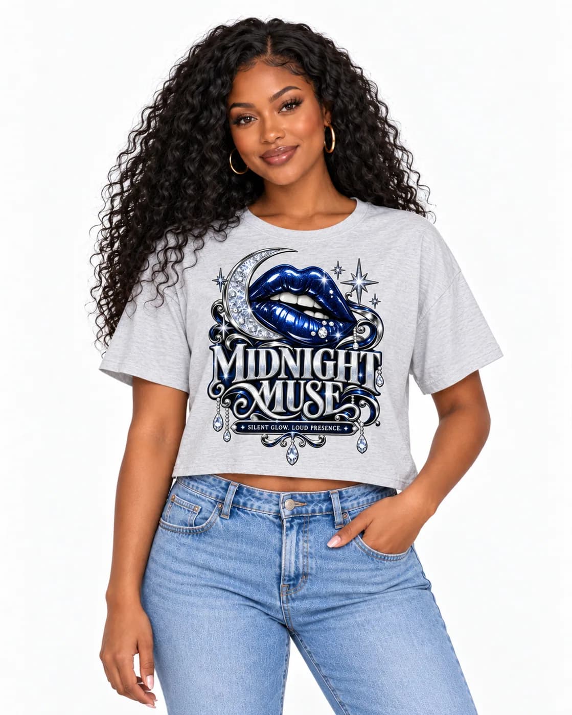 Midnight Muse crop tee in Heather Grey with glittering midnight-blue lips under a silver crescent moon