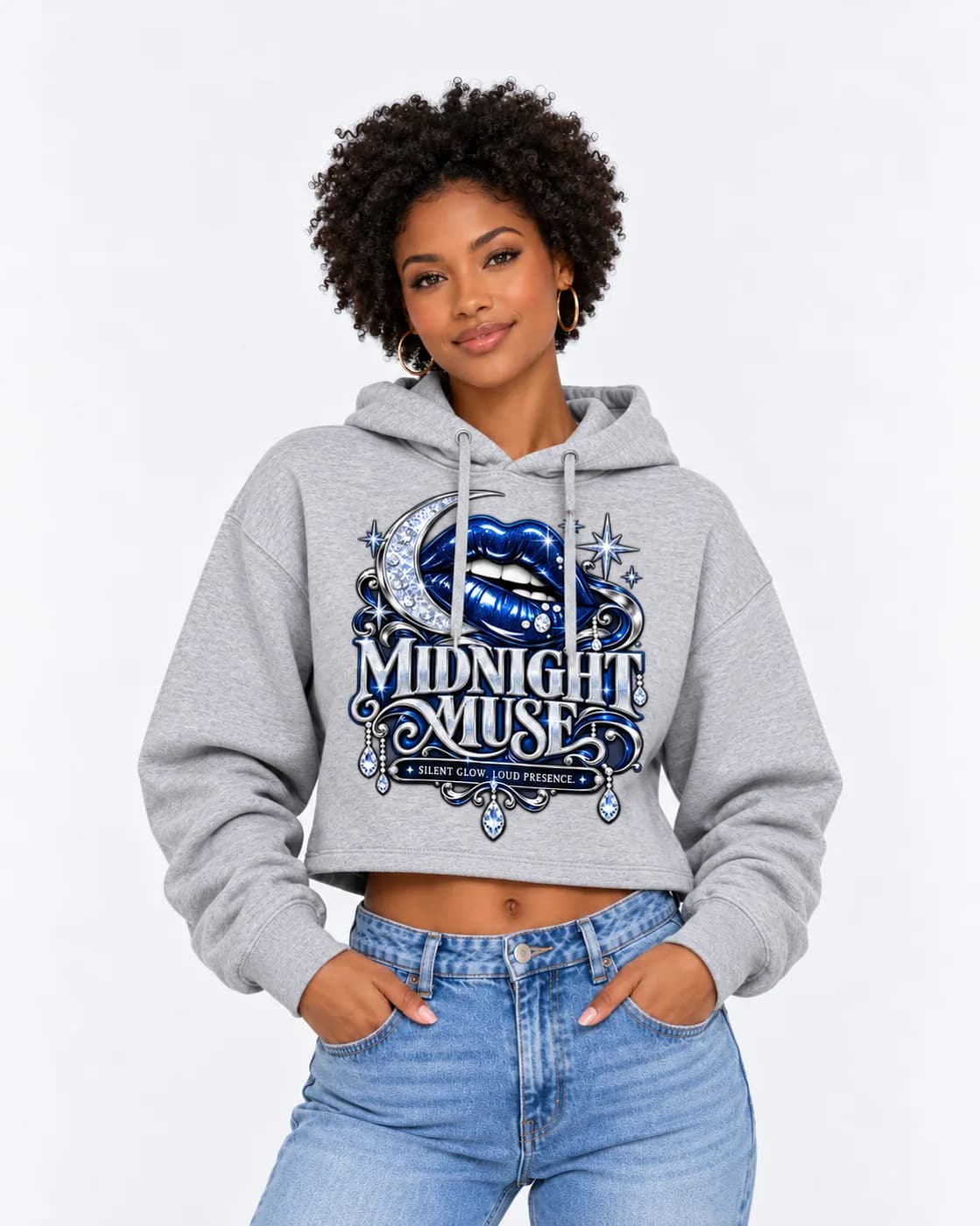 Midnight Muse cropped hoodie in Grey Heather with glittering midnight-blue lips under a silver crescent moon