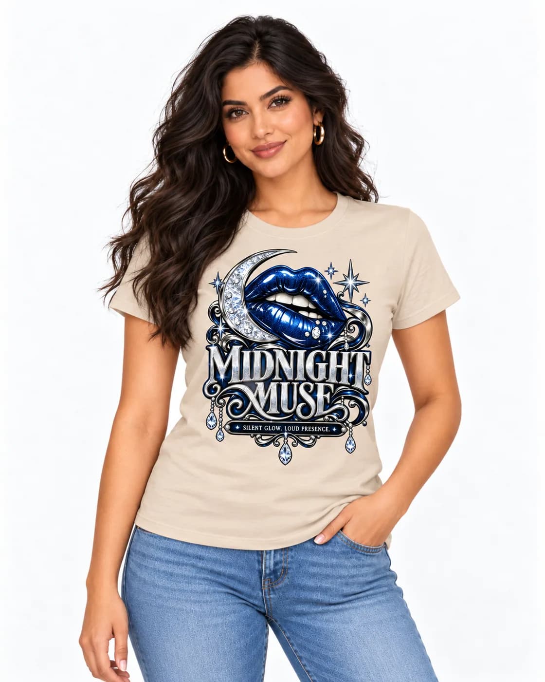 Midnight Muse tee in Sand with glittering midnight-blue lips under a silver crescent moon