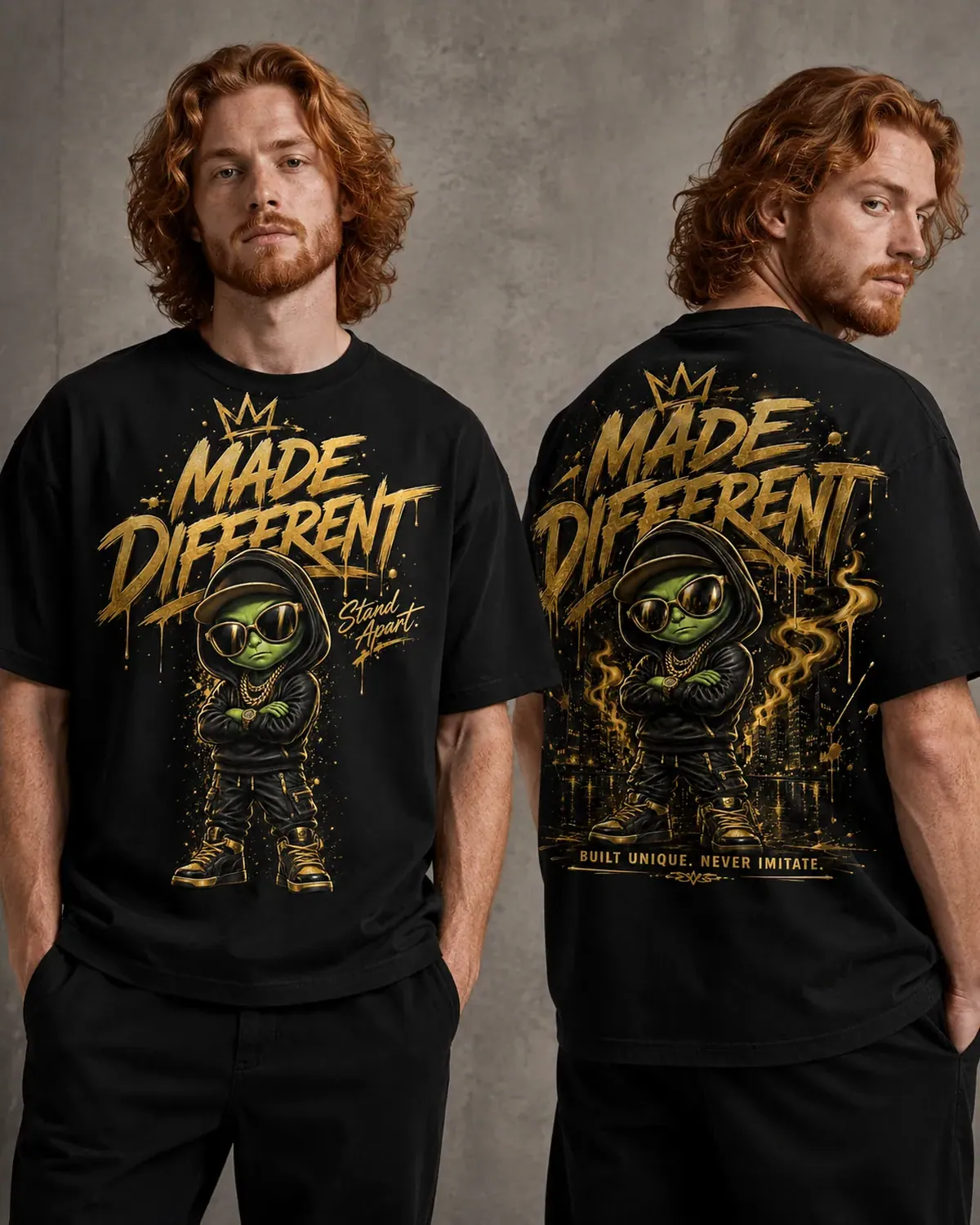 Black Made Different graphic tee — a green alien in a hooded jacket under gold drip lettering, gold city , hand-printed in NJ