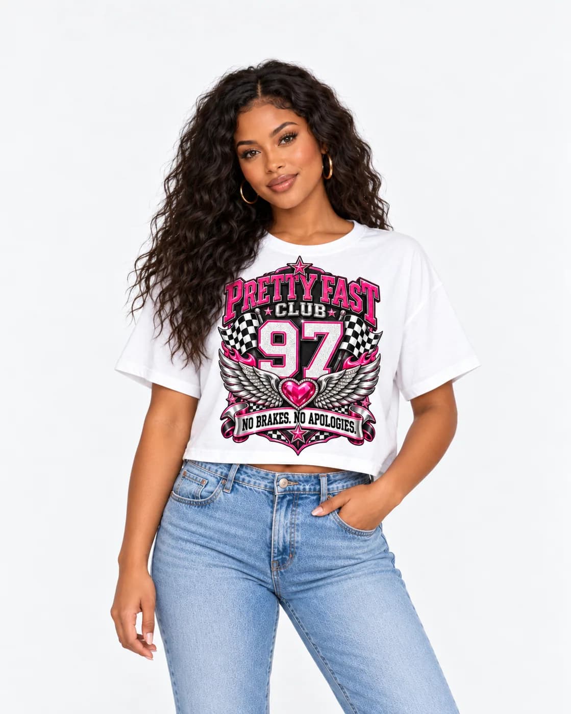 Pretty Fast Club 97 crop tee in White with hot-pink varsity lettering