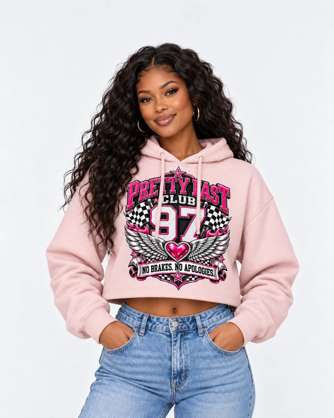 Pretty Fast Club 97 cropped hoodie in Blush with hot-pink varsity lettering