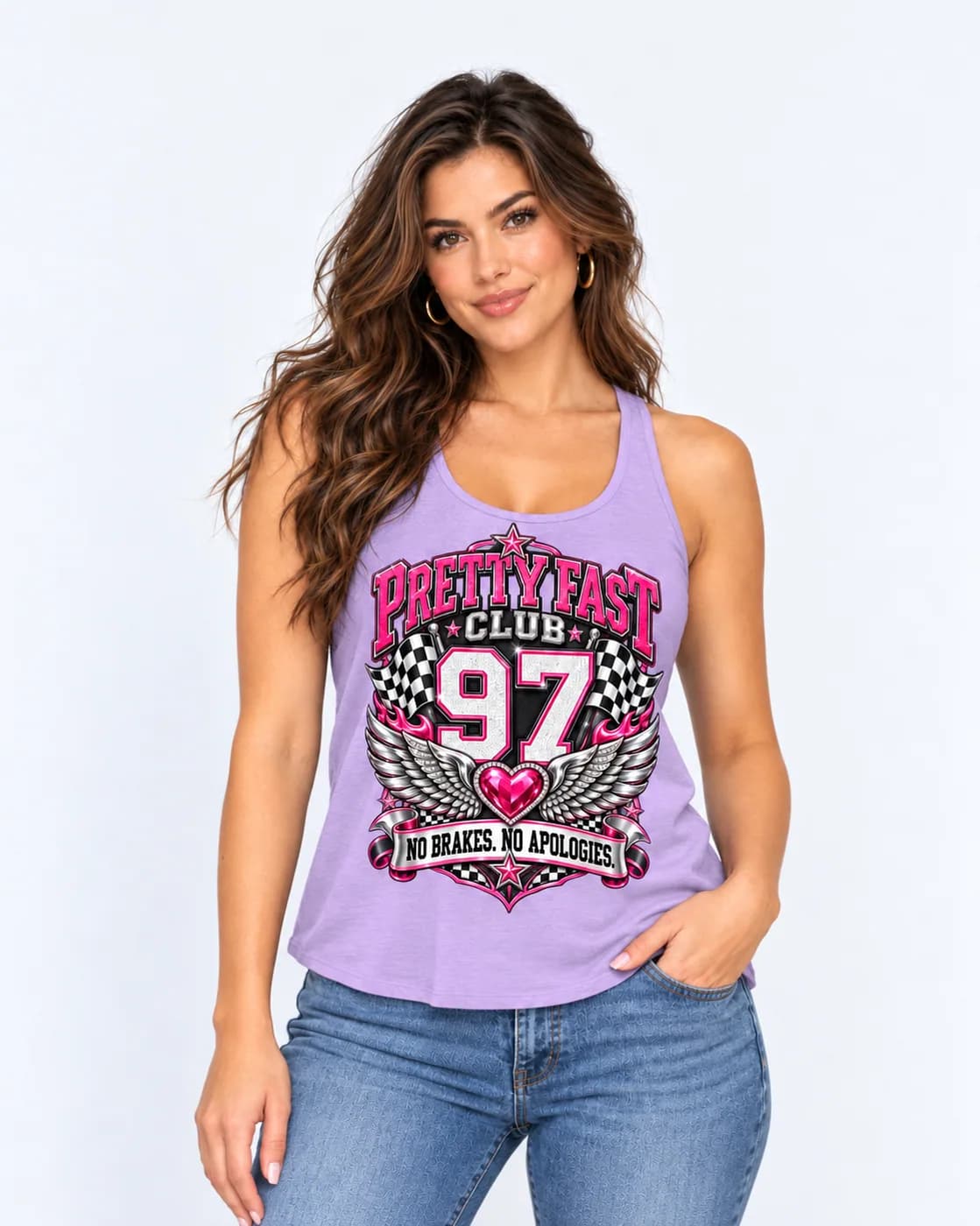 Pretty Fast Club 97 racerback tank in Lavender with hot-pink varsity lettering