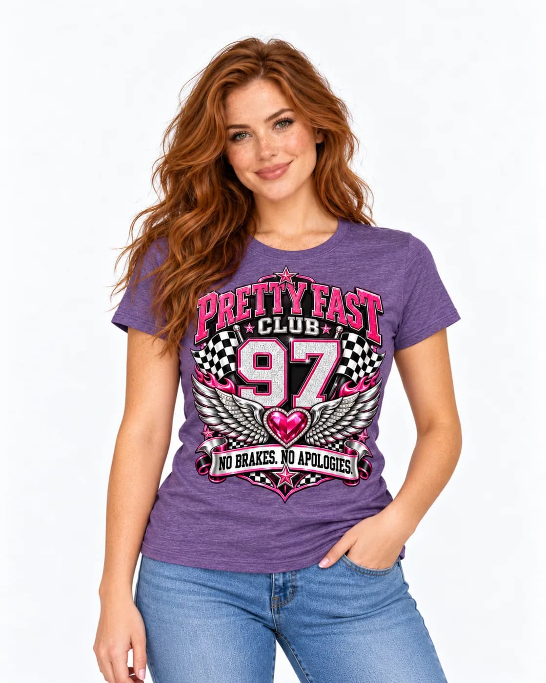 Pretty Fast Club 97 tee in Heather Purple with hot-pink varsity lettering