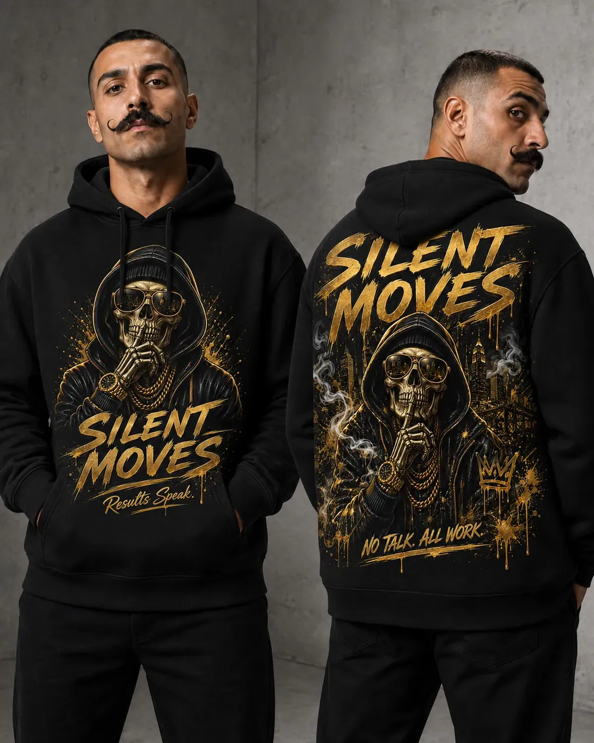 Black Silent Moves graphic hoodie — a gold skull in a pulled-up hood and shades, smoke drifting off a chai, hand-printed in NJ