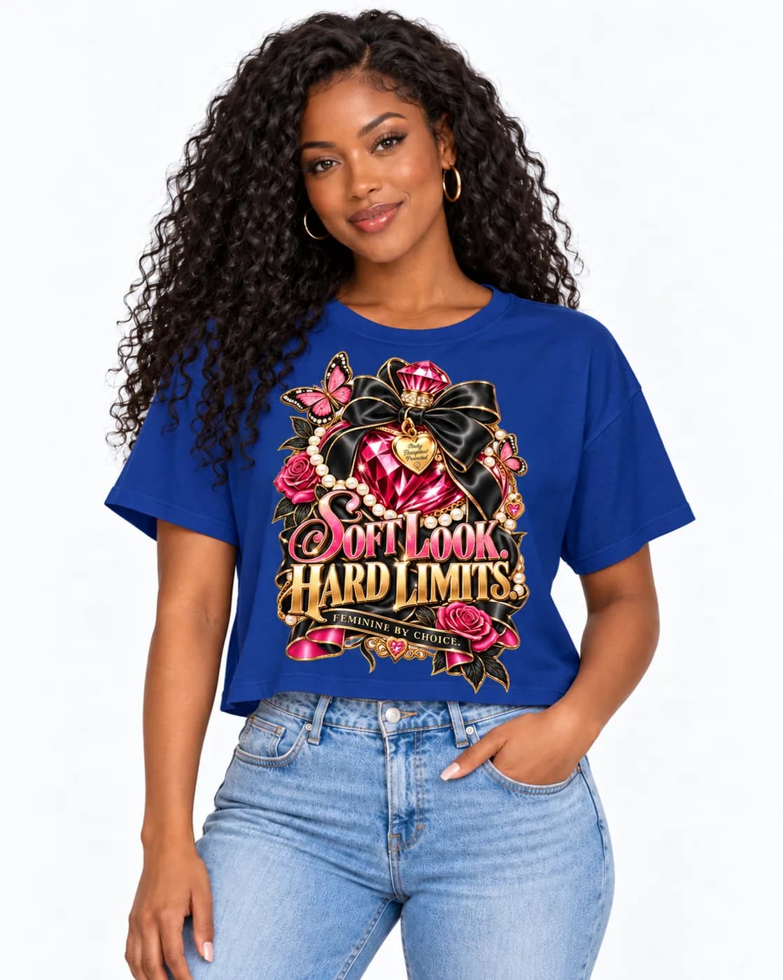 Soft Look, Hard Limits crop tee in Lapis with gold script lettering under a pink gem heart