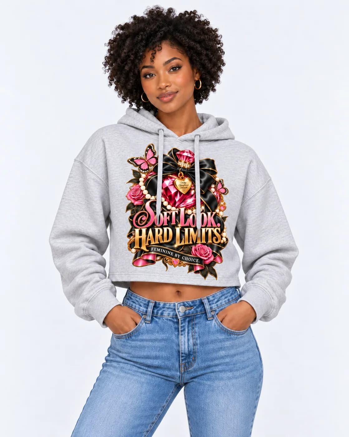 Soft Look, Hard Limits cropped hoodie in Grey Heather with gold script lettering under a pink gem heart