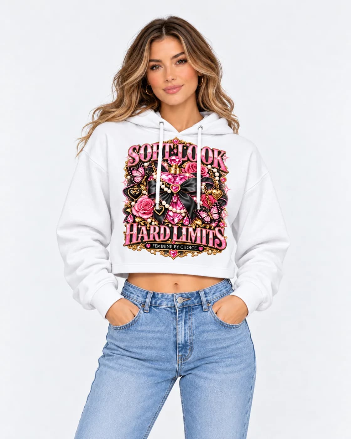Soft Look, Hard Limits cropped hoodie in White with bold pink block lettering around a pink gem perfume heart