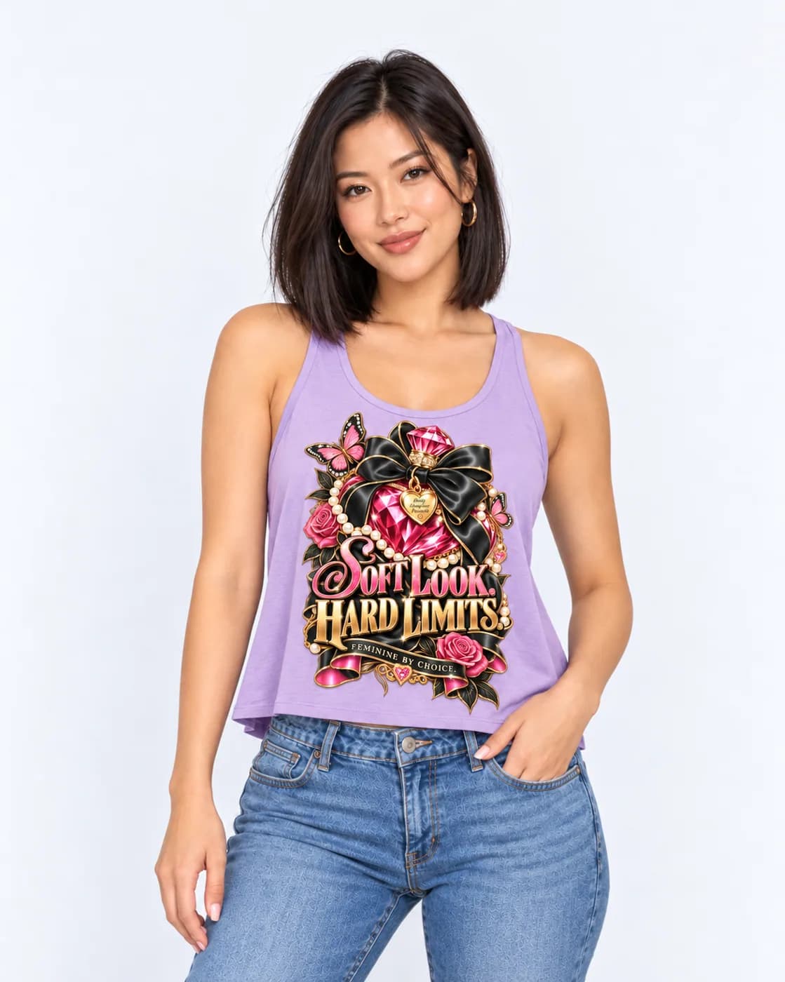 Soft Look, Hard Limits racerback tank in Lavender with gold script lettering under a pink gem heart