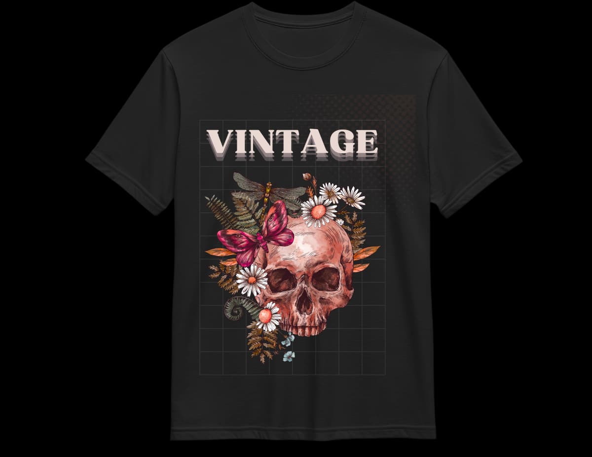 Black Vintage skull tee with wildflowers and dragonfly — naturalist sketch