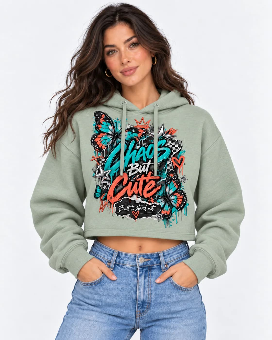 Chaos But Cute cropped hoodie in Sage with teal and coral graffiti lettering with paint drips