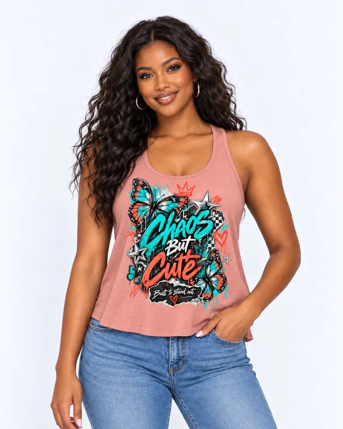 Chaos But Cute racerback tank in Desert Pink with teal and coral graffiti lettering with paint drips