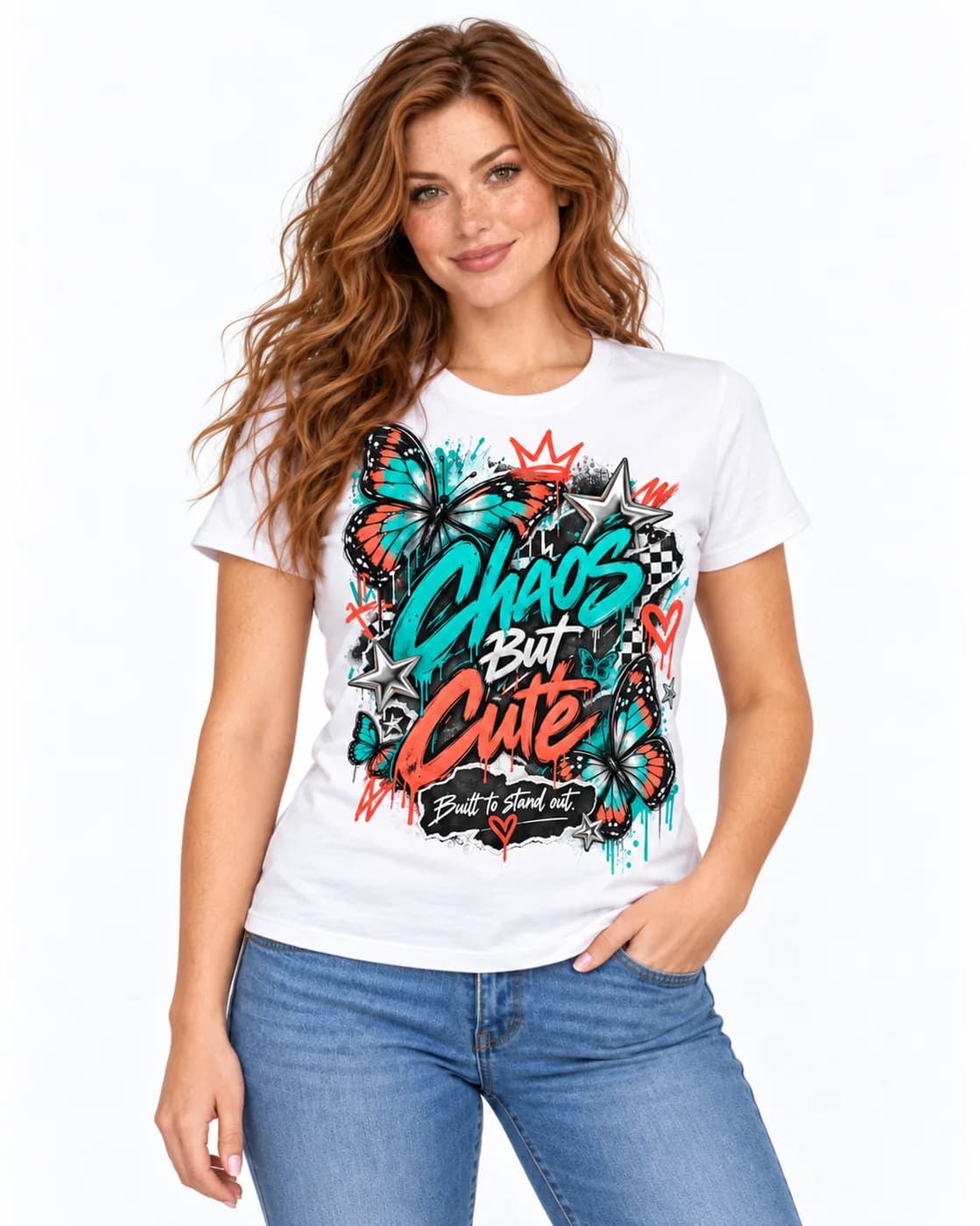 Chaos But Cute tee in White with teal and coral graffiti lettering with paint drips
