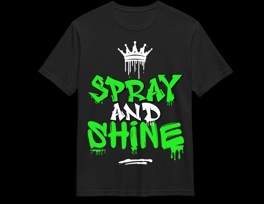 Black Spray And Shine streetwear tee — neon green crown graphic