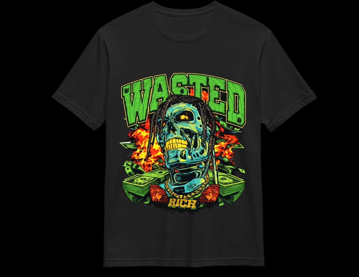 Black Wasted Rich skull tee — flaming cash and dreadlocked skull graphic