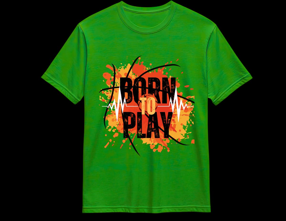 Green Born To Play basketball tee — orange splash heartbeat graphic