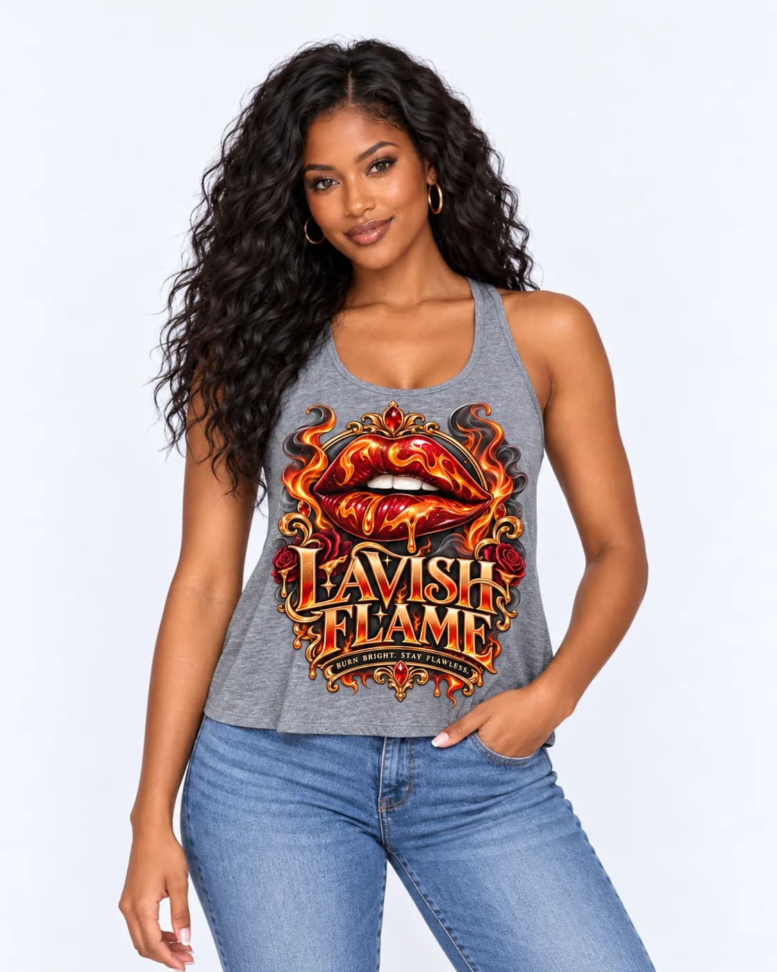 Lavish Flame racerback tank in Heather Grey with glossy red lips wrapped in orange flames inside an ornate gold frame