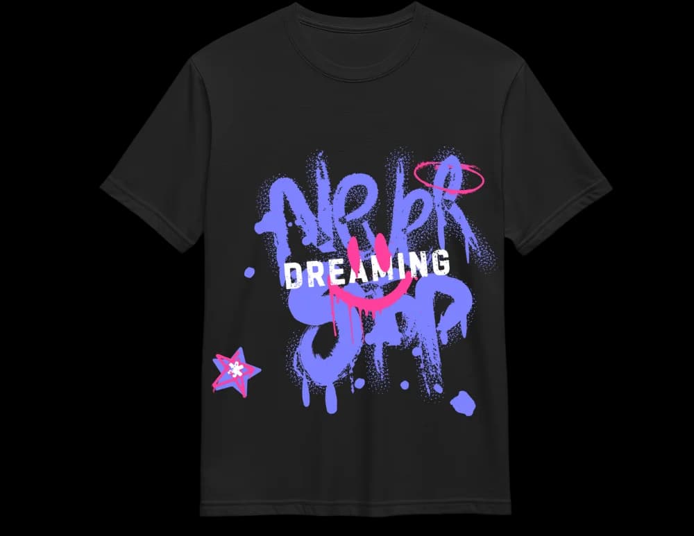Black Never Give Up candy graffiti tee — purple pink spray type print
