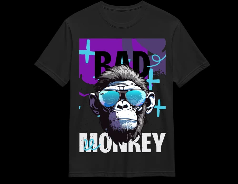 Black Bad Monkey graphic tee — sunglassed gorilla and purple splash print