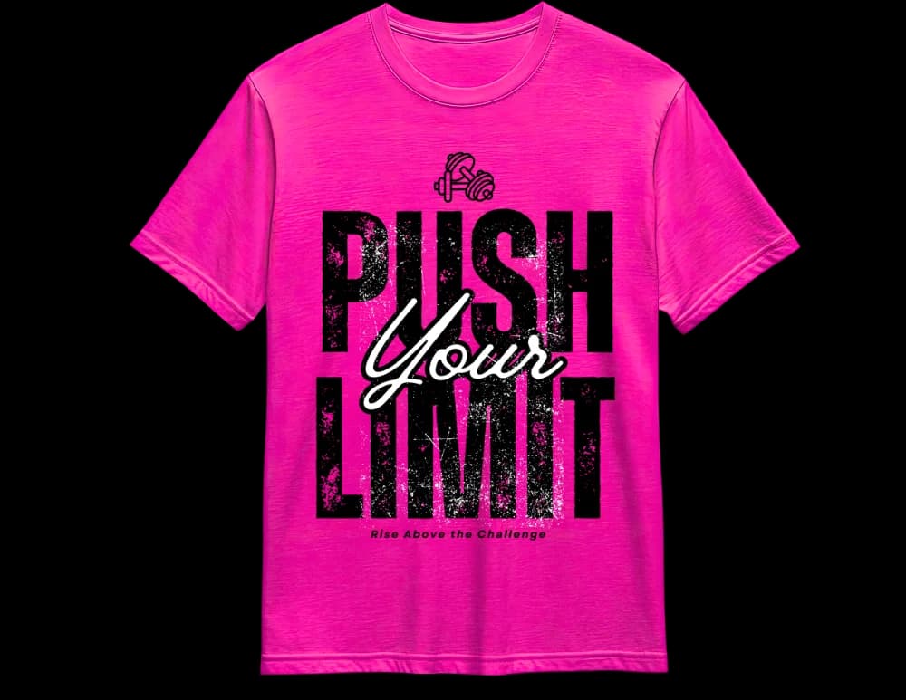Pink Push Your Limit gym tee — bold red graphic, custom NJ DTF print