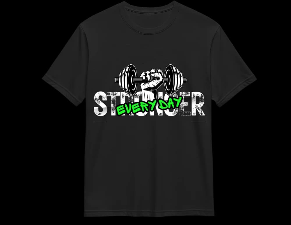Black Stronger Every Day gym t-shirt — one more pound chrome graphic, NJ DTF