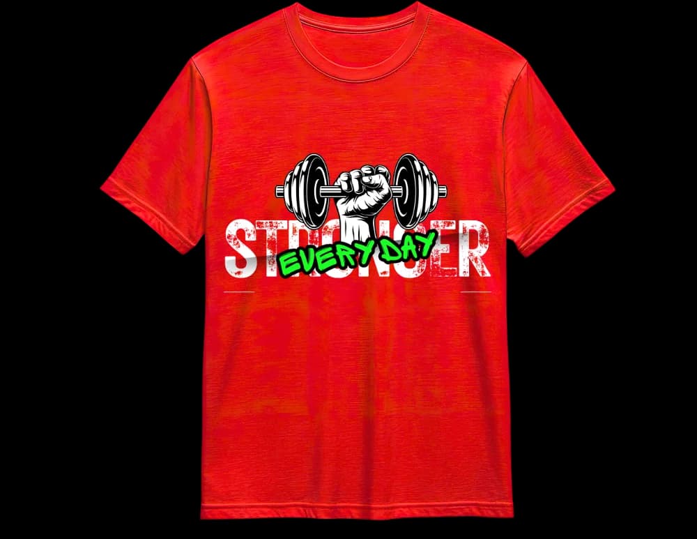 Red Stronger Every Day dumbbell tee — chrome type and green script print