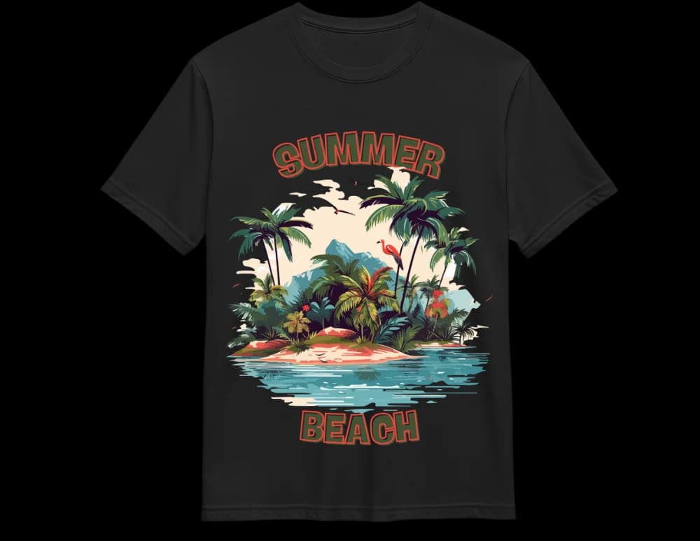 Black Summer Beach tee — palm tree island sunset graphic