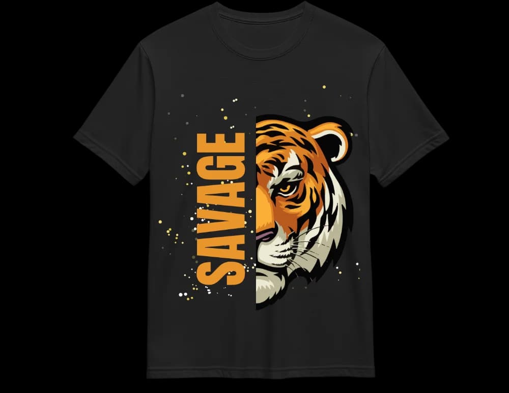 Black Savage tiger color-block tee — orange panel and tiger face print