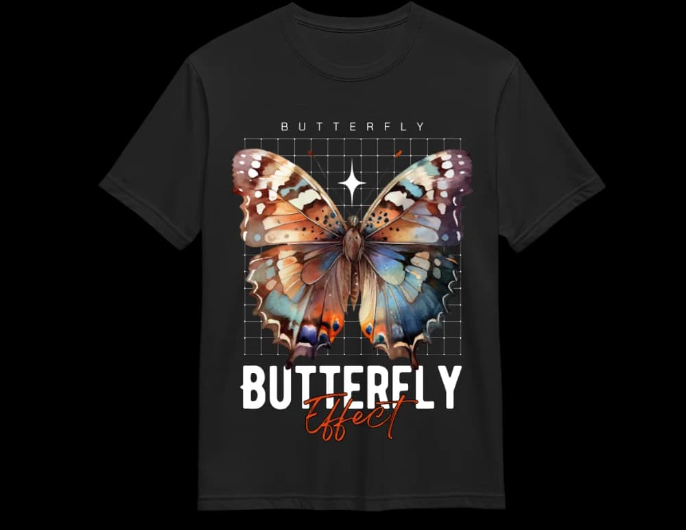 Black Butterfly Effect tee — soft watercolor butterfly graphic