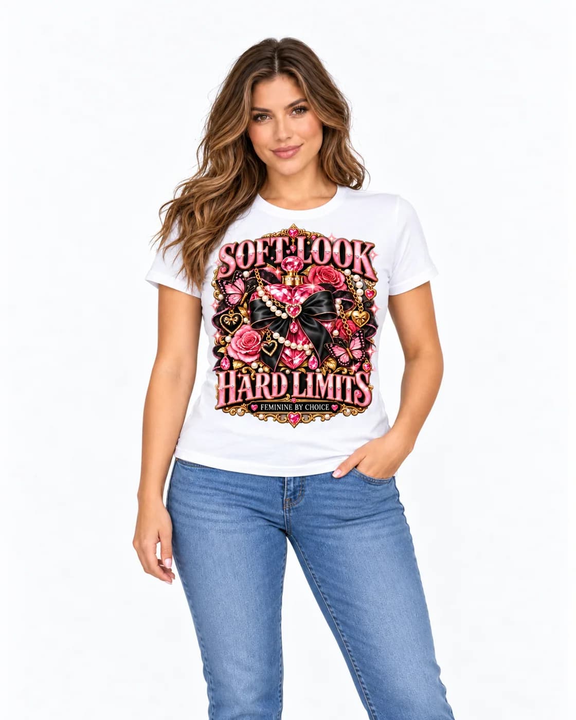 Soft Look, Hard Limits tee in White with bold pink block lettering around a pink gem perfume heart
