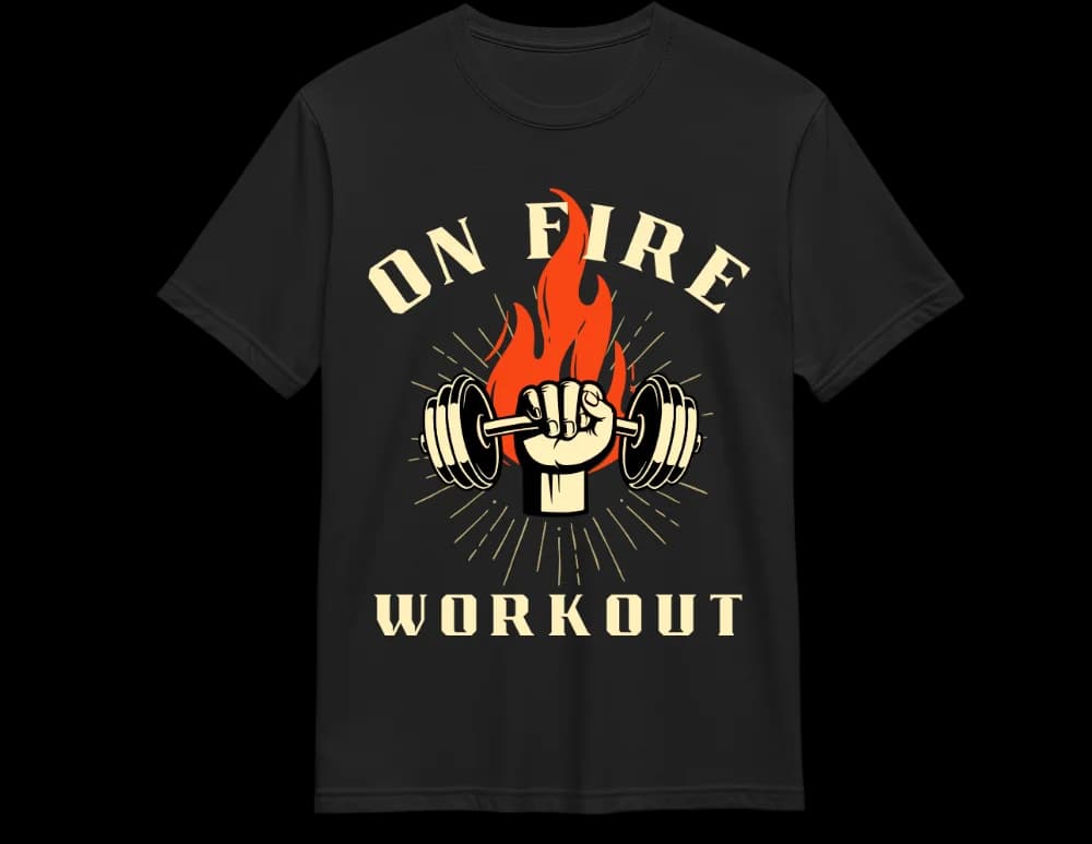 Black On Fire Workout flame tee — fist and flaming dumbbell print