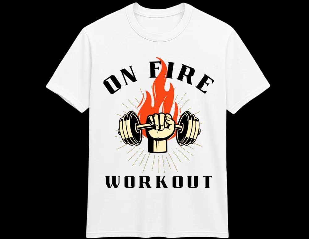 White On Fire Workout t-shirt — streak day flame dumbbell graphic, NJ DTF