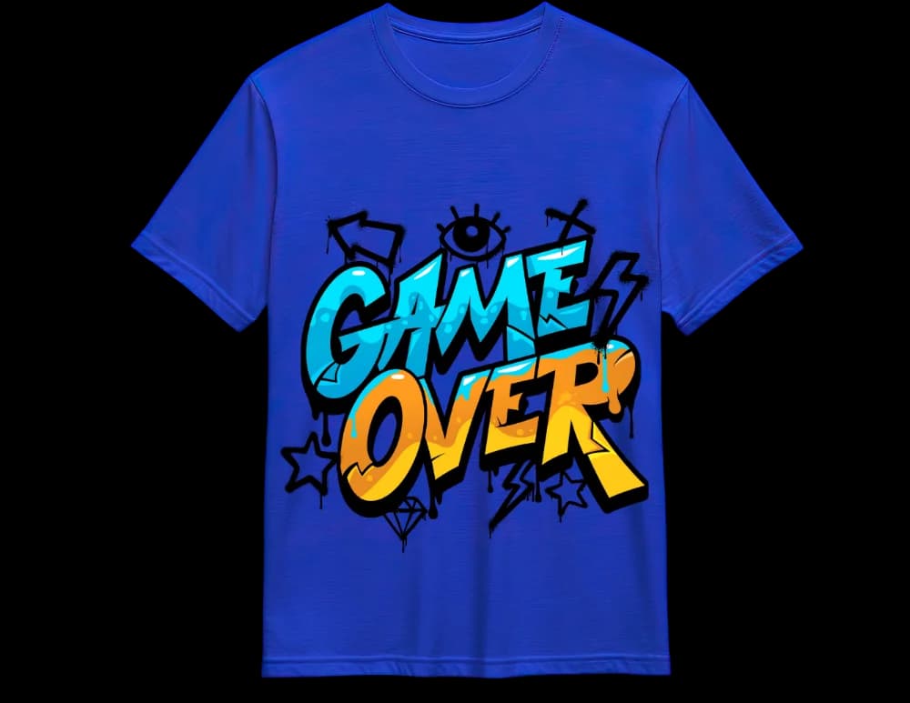 Blue Game Over graffiti tee — orange bubble letters and tag marks