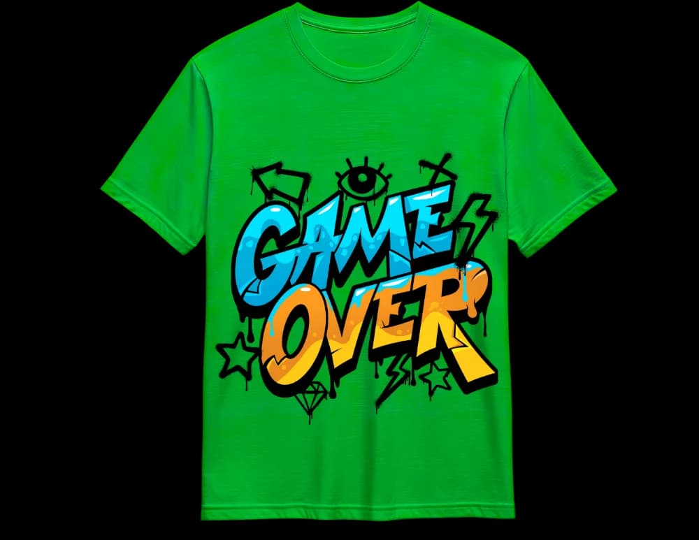 Green Game Over graffiti tee — paint-can drip street art print