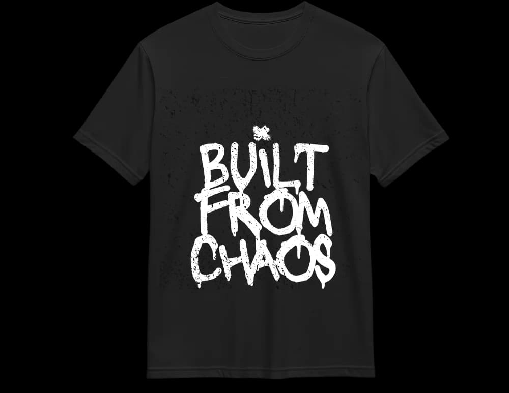 Black Built From Chaos splatter tee — hand-lettered statement print